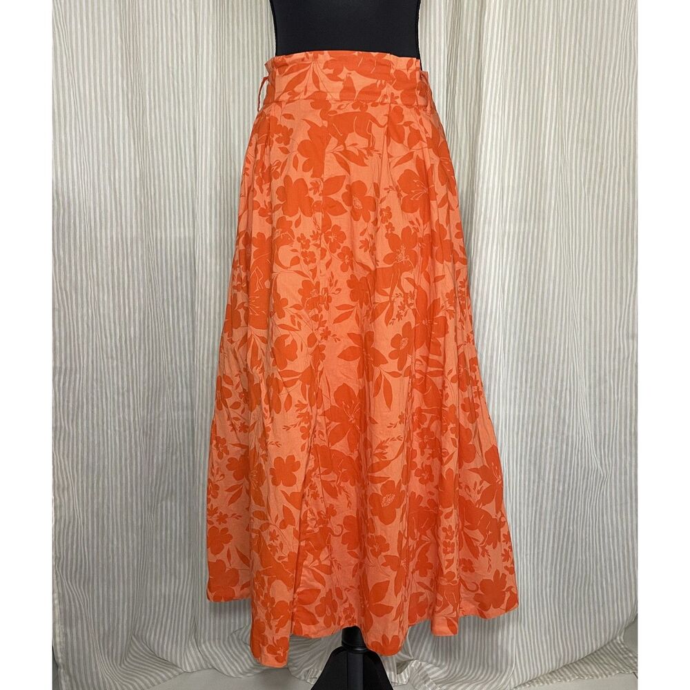 Charter Club Size 12 Orange Floral A-Line Midi Skirt 100% Cotton Lined Hawaiian